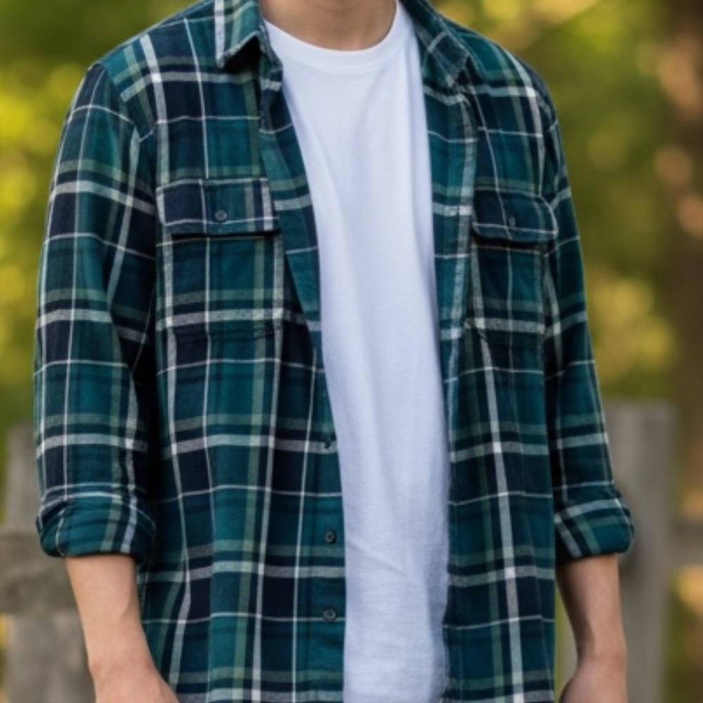 Faded Glory Teal and Navy Plaid Button-Down Shirt